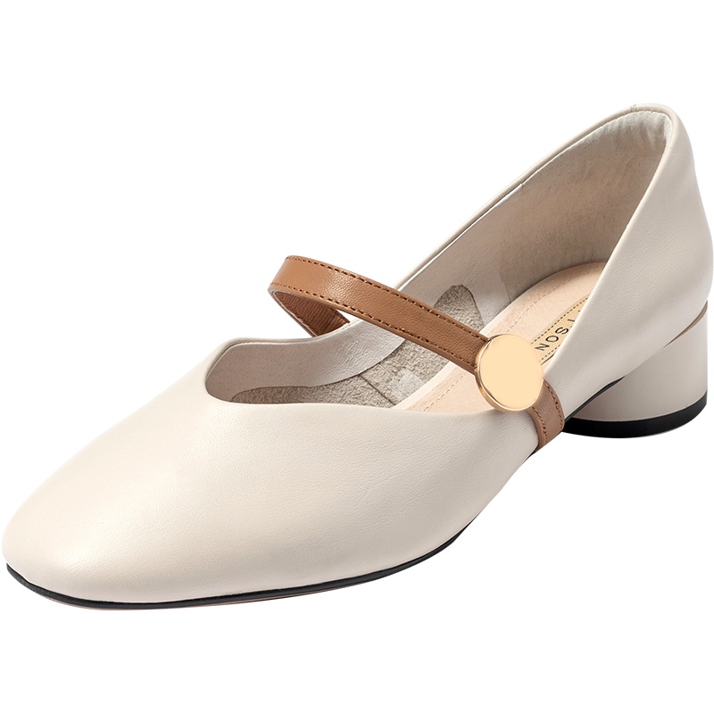 百田森秋季商场同款玛丽珍鞋女粗跟复古真皮单鞋