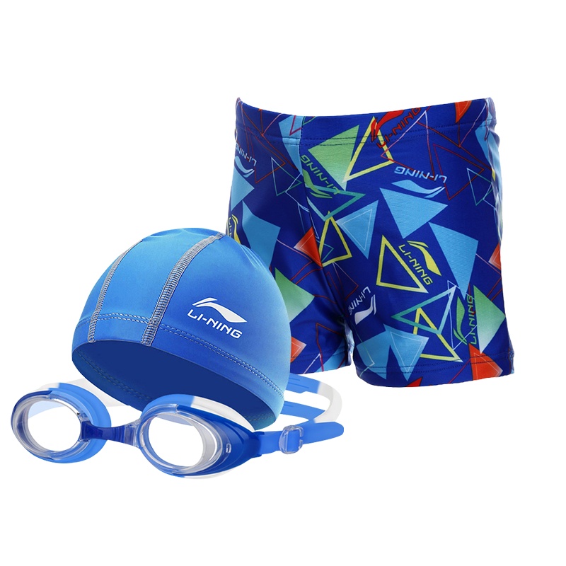 李宁（LI-NING） 儿童泳裤男童游泳裤泳镜泳帽套装小中大童男孩学生沙滩速干平角游泳衣泳装221+308套装