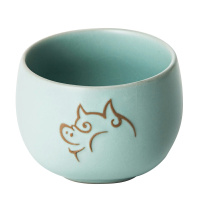 东道 汝窑猪年生肖创意陶瓷茶杯个人主人杯 冰裂釉 汝窑茶杯不倒杯 猪年生肖杯-天青色