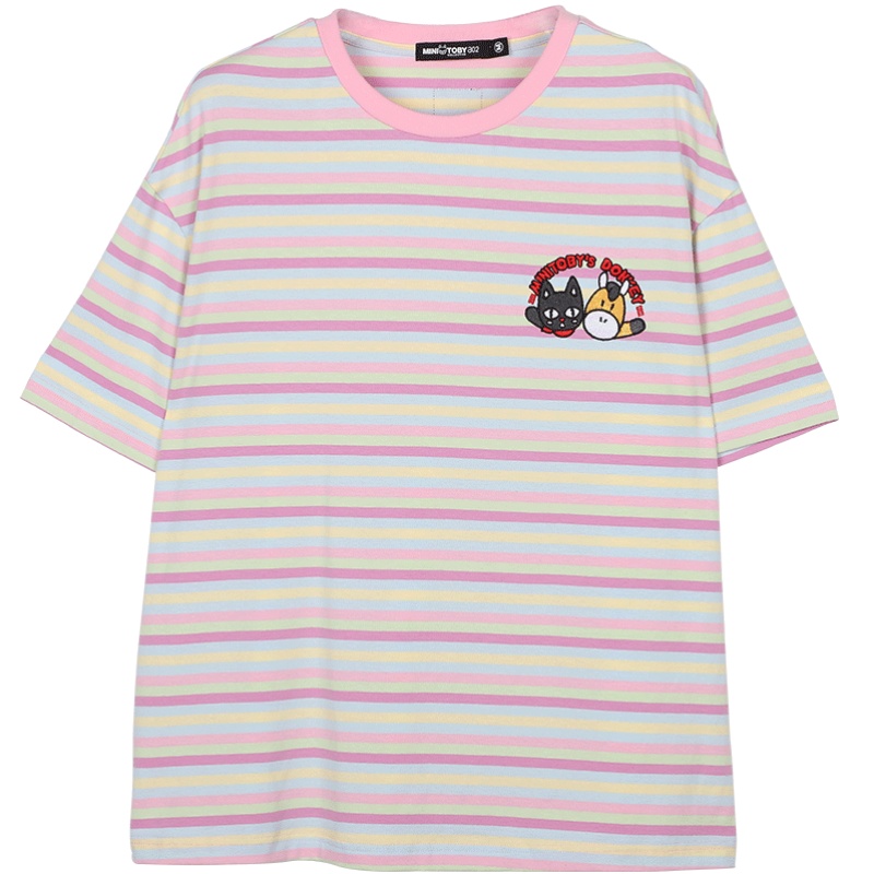 a02新款2020活力撞色条纹拼接印花宽松短袖T恤女夏DTV2D0871KT