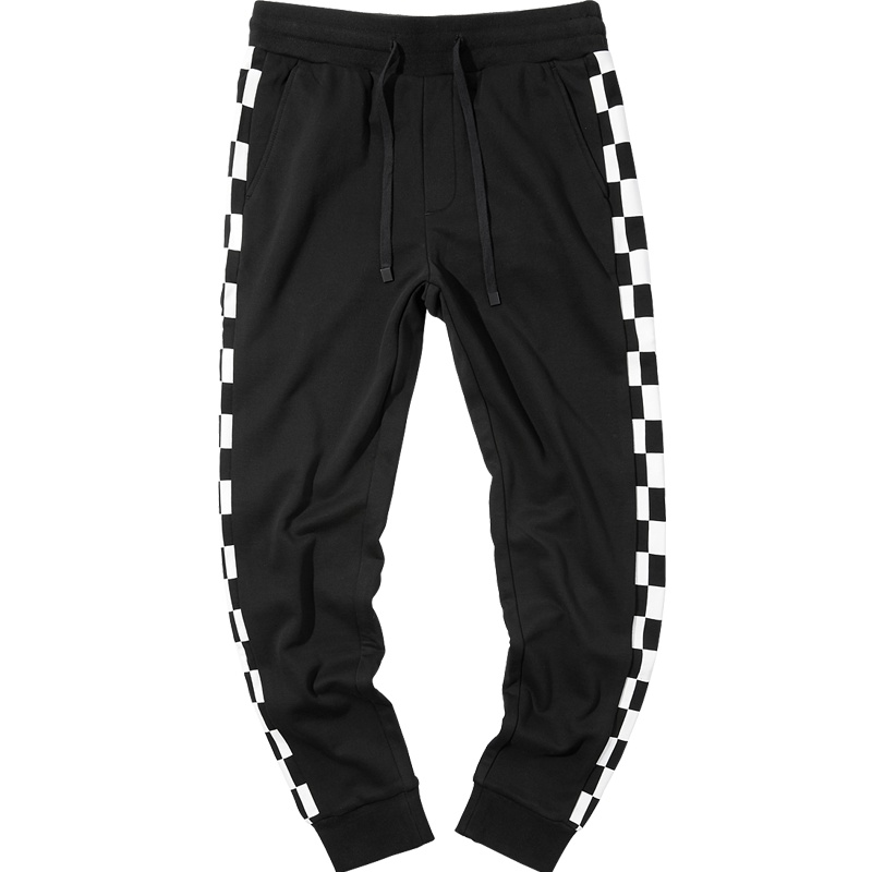 黑鲸黑白格拼条休闲裤秋季男装舒适运动风裤子男CKCAJ38136A