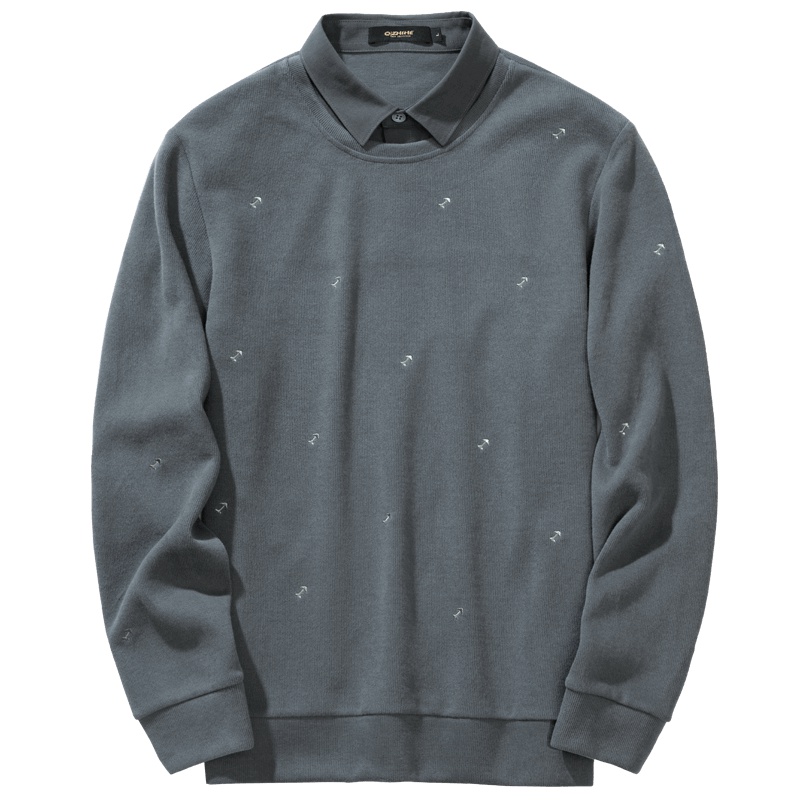 千纸鹤男装假两件卫衣秋季新款休闲时尚波点绣花宽松上衣男15191