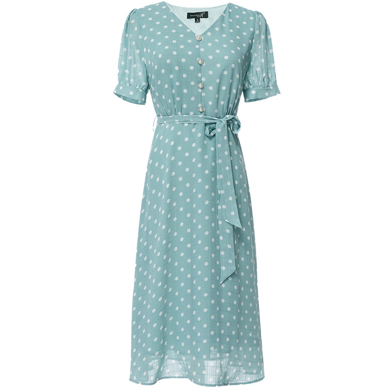 欧昵雪夏季V领蝴蝶结系带收腰显瘦波点雪纺连衣裙女短袖