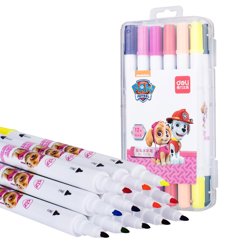 得力汪汪队立大功双头水彩笔套装细头儿童幼儿园学生用彩笔软头水彩画笔12色可水洗安全无毒绘画70716FEN