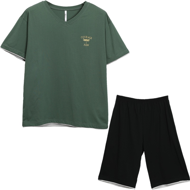 红豆居家21年春夏新款男士纯棉V领简约时尚运动休闲风短袖家居服套装可外穿