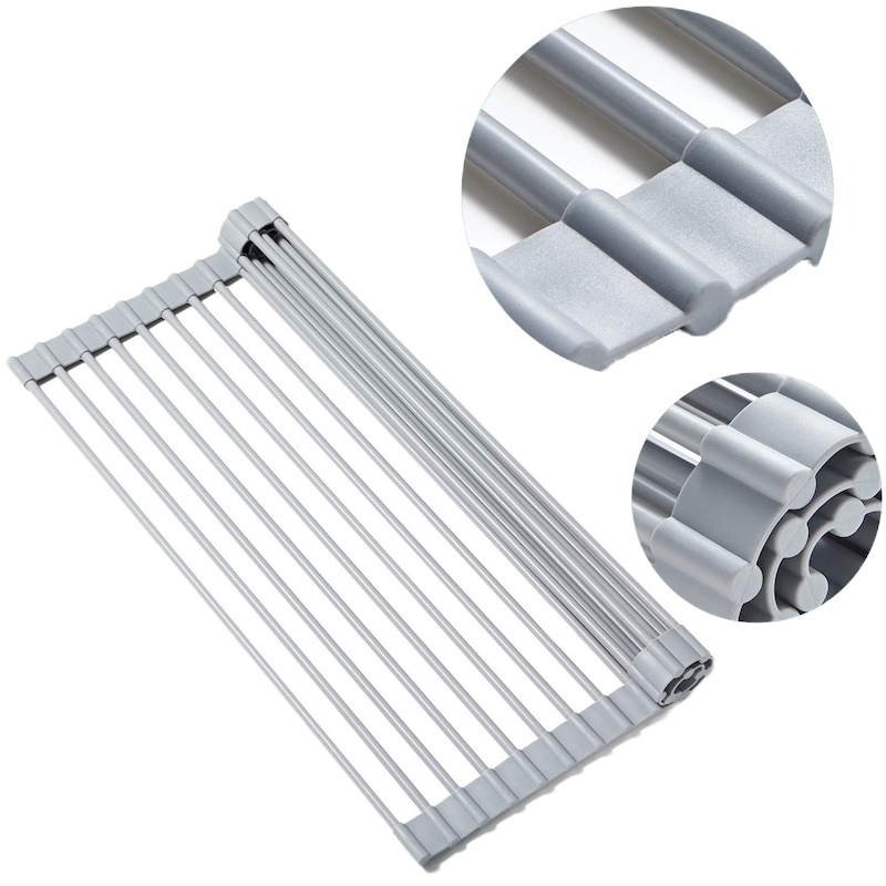 折叠硅胶沥水架 水槽卷帘可卷可折叠水池不锈钢硅胶置物架沥水篮收纳层架 科林清