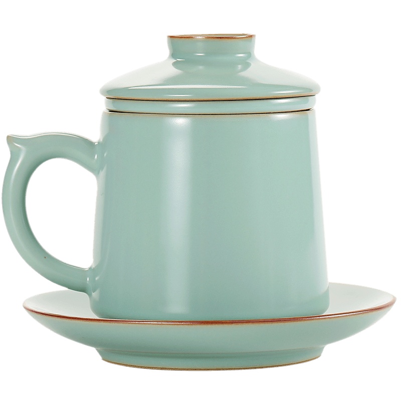 領藝 汝窑茶杯茶水分离带盖带过滤带碟子办公室水杯家用送礼马克杯泡茶杯子礼盒装 汝窑青云办公杯带碟子