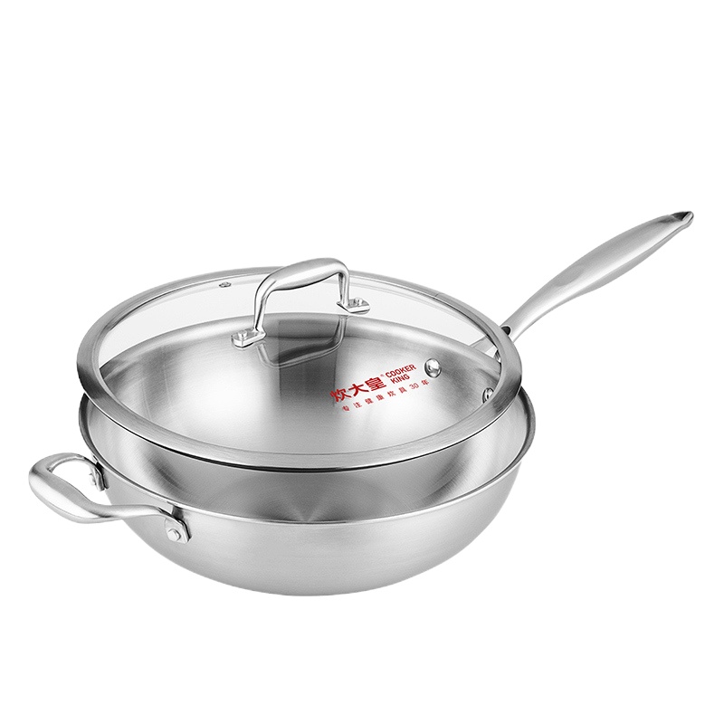 炊大皇(COOKER KING)炒锅 WG14832 无涂层炒锅 304不锈钢32CM少油烟不粘玻璃盖电磁炉燃气通用