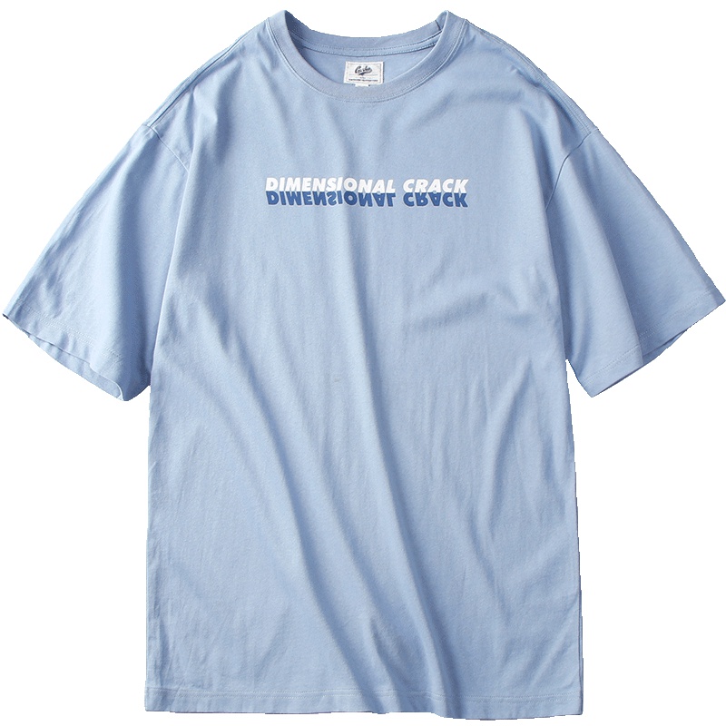 Guuka潮牌蓝色短袖T恤男宽松 青少年嘻哈运动大印花五分袖T恤纯棉