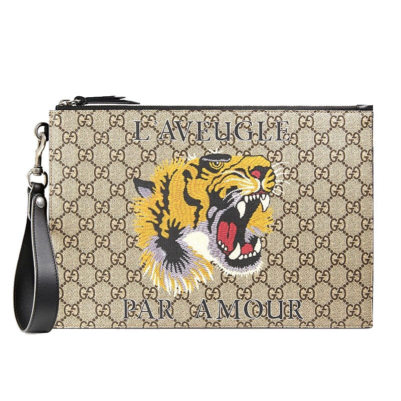 [海外直邮]GUCCI古驰 古奇2019新款棕色老虎印花男士中号手拿包473904 9CC1N 8666