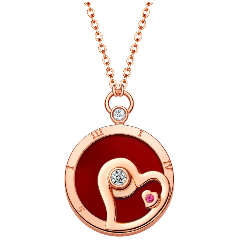 周大生钻石吊坠女偏心正品18K金玫瑰金红宝石挂坠