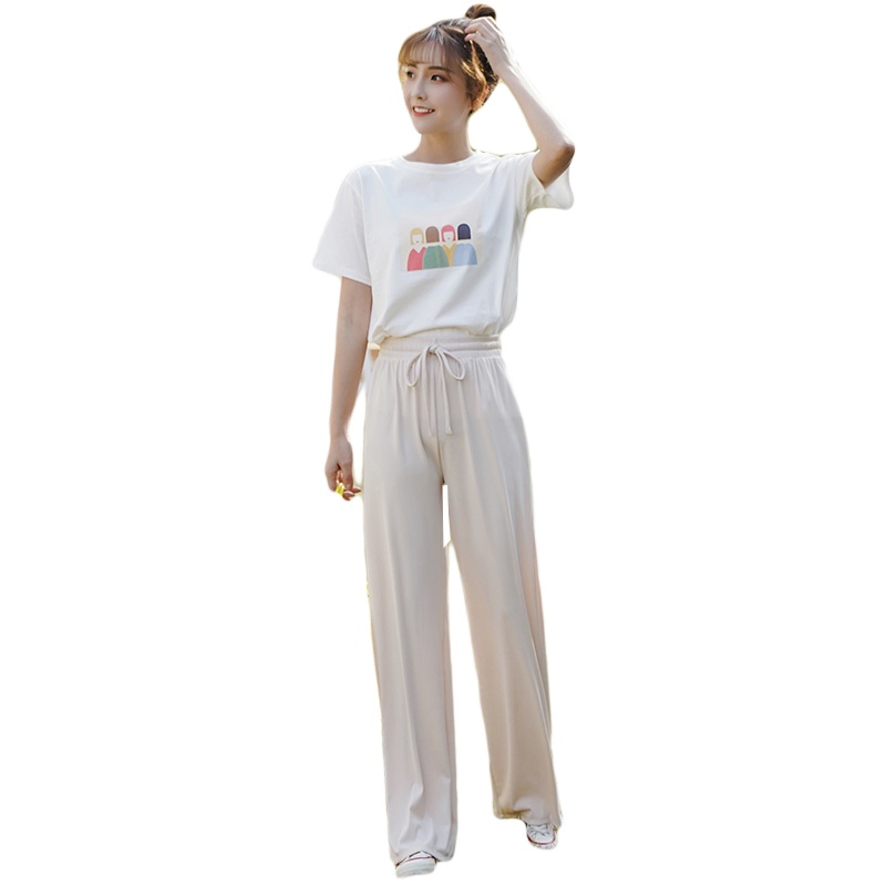 晗亦然新款学生宽松可爱印花短袖T+新春坑条高腰阔腿拖地长裤套装2202#