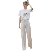 晗亦然新款学生宽松可爱印花短袖T+新春坑条高腰阔腿拖地长裤套装2202#