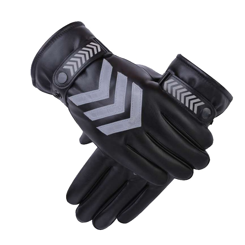 慕熙威尔皮手套男冬季加绒加厚触屏反光条手套摩托车保暖交通指挥门卫执勤指挥防寒防风手套