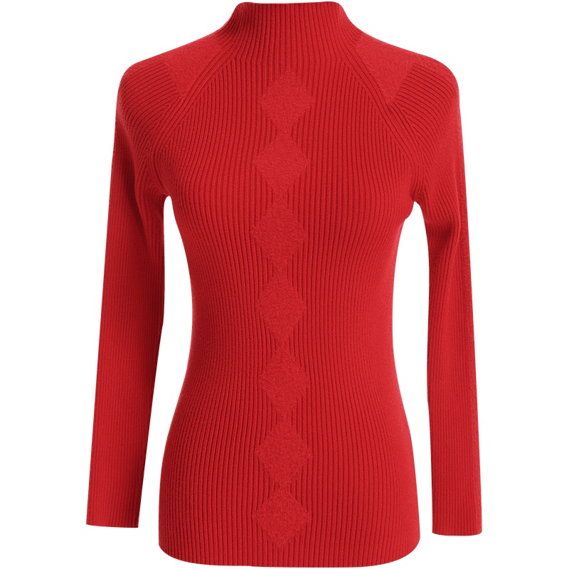 欧昵雪仿水貂毛菱形半高领套头针织衫女长袖修身打底毛衣