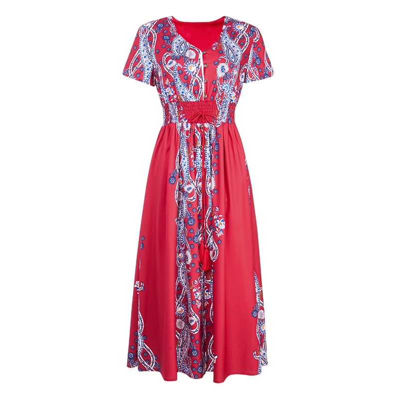 晚白 新品复古印花V领短袖松紧腰中长款大摆连衣裙