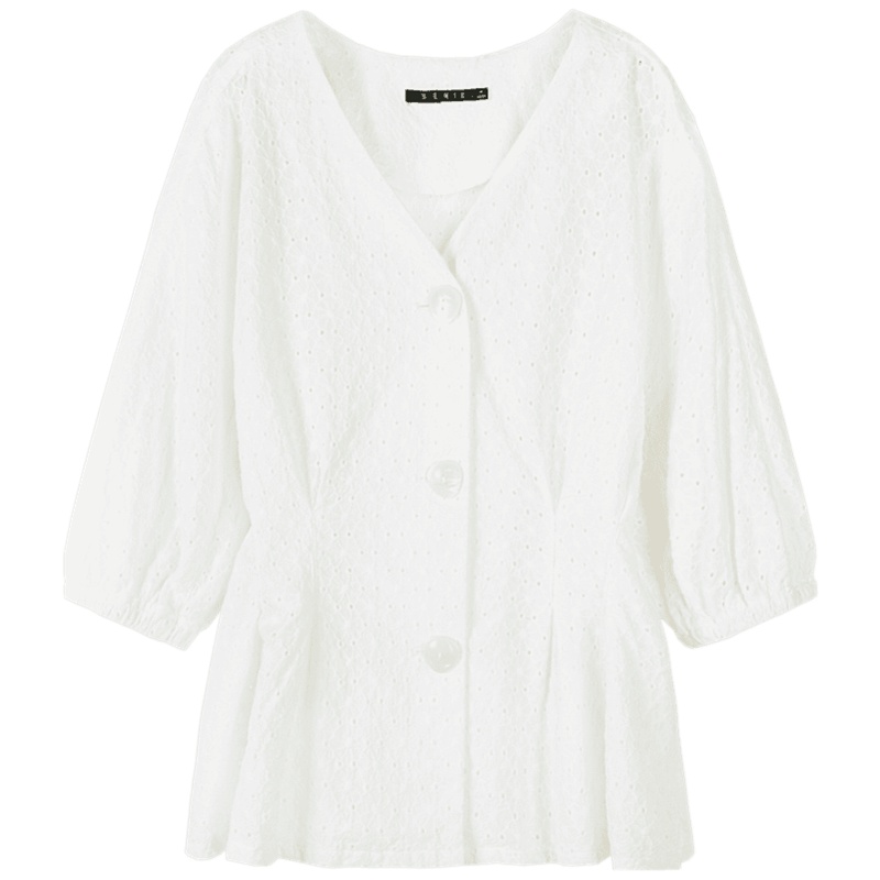 【满198减100预估价：71】森马夏季短袖衬衫女白色小清新V领女士上衣ins潮流小众设计感衬衣