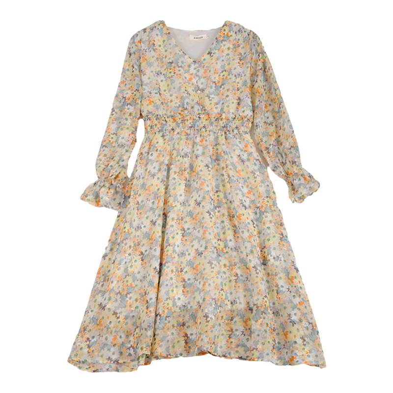 拉夏贝尔Laetia2021春装新款长裙泡泡袖裙子V领雪纺收腰碎花女士