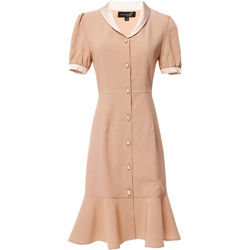 欧昵雪夏季撞色Polo领收腰显瘦鱼尾连衣裙女短袖荷叶边裙