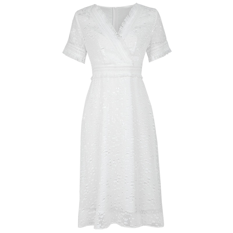 晚白 新品淑女名媛V领短袖收腰显瘦中长A字纯色连衣裙女