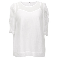 三彩2020夏季新款圆领微皱泡泡袖直筒天丝衬衫吊带两件套