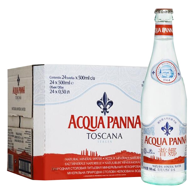 意大利进口 普娜Acqua Panna 天然无气矿泉水 500ml*24瓶 整箱 玻璃瓶饮用水