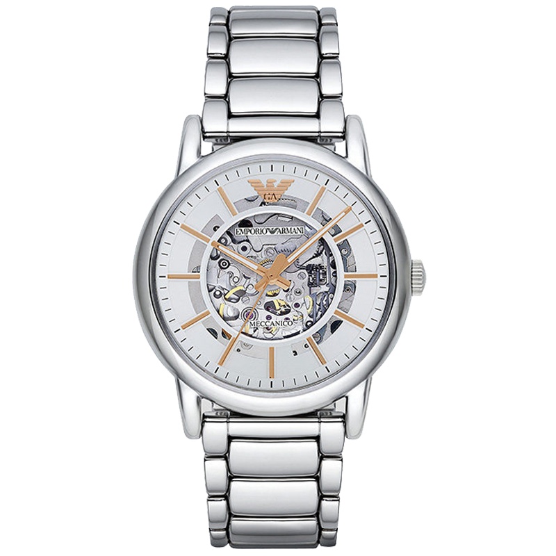 阿玛尼(EMPORIO ARMANI)手表 商务正装男士时尚腕表 钢带机械表镂空 防水皮带手表 机械表 男 AR1980