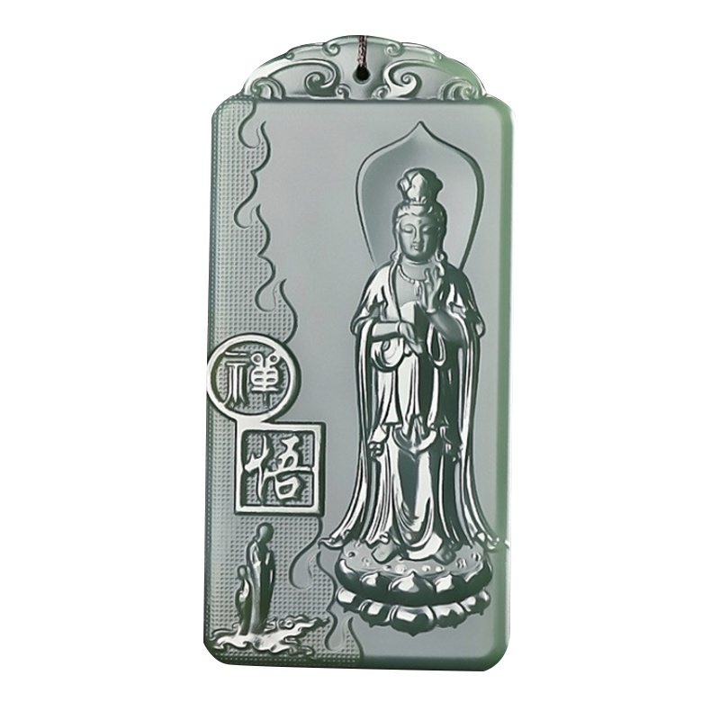 臻玉盈 天然新疆和田玉塔青一细观音玉牌青玉莲花站观世音玉坠男款玉佩