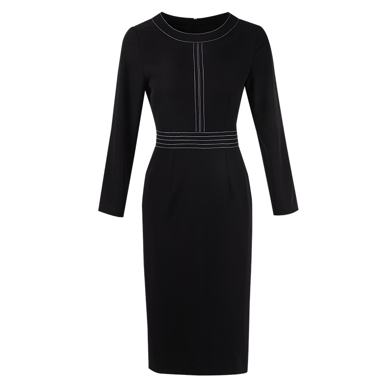 晩白 新品优雅纯色圆领修身显瘦中长款包臀裙长袖连衣裙女