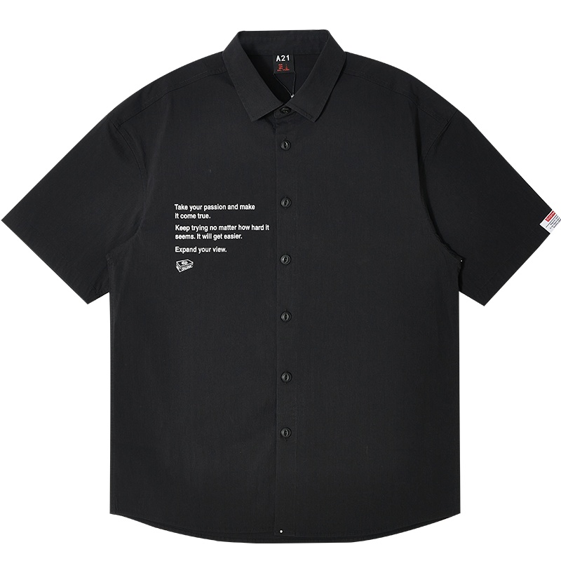 A21夏季2021新款男装 梭织弹力宽松翻领落肩短袖全开襟上衣男士潮