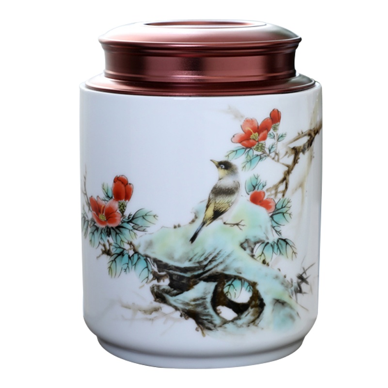 LICHEN 景德镇茶叶罐陶瓷密封储物干坚果罐子中草药防潮防虫带盖罐直筒款双层金属盖子 鸟语花香