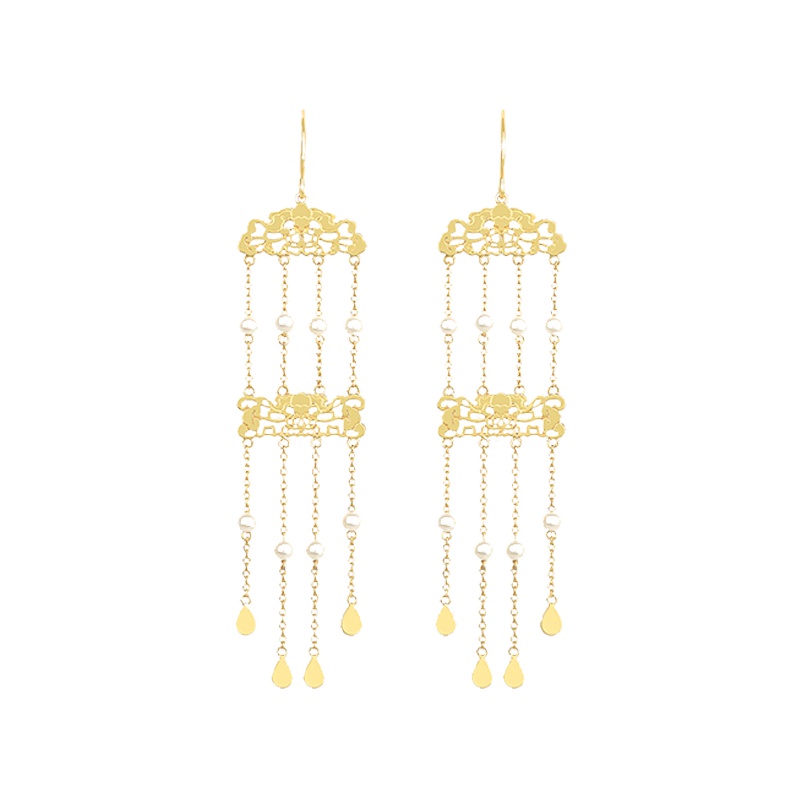 故宫—有风过耳，随步轻摇-串珠流苏古风耳坠-铜镀18k金