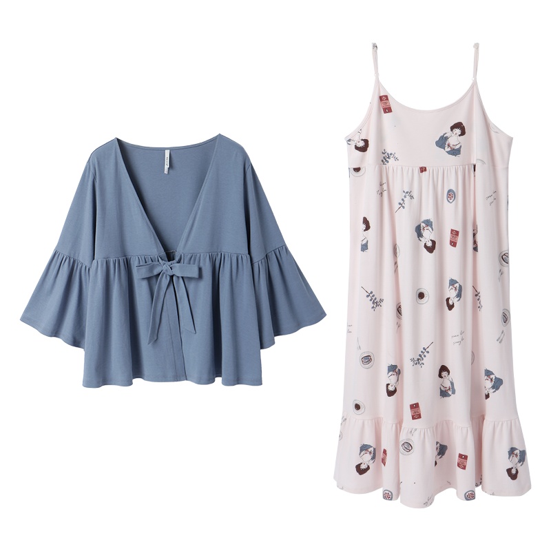 安之伴睡衣女秋针织优质韩尔棉素色两件套女裙81932721681