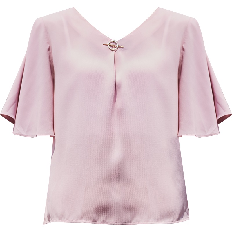 娅丽达女装2019夏季新款雪纺衫宽松V领五分荷叶袖纯色韩版小衫薄U6152