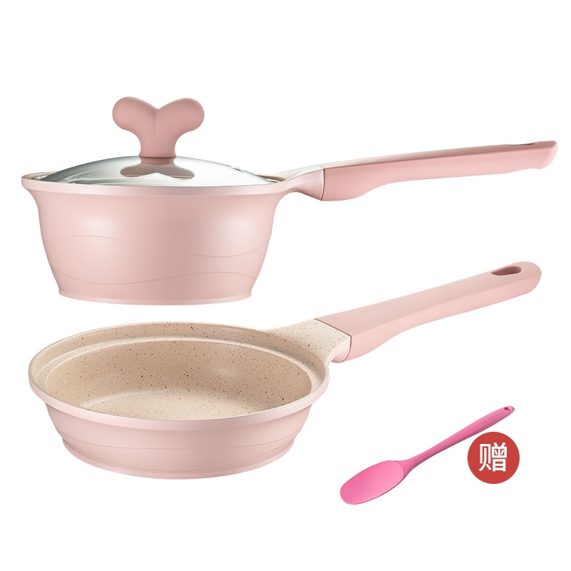 日本泰福高麦饭石小嫩芽宝宝小奶锅辅食锅婴儿不粘锅煎煮一体儿童奶锅两件套 T5230-樱花粉-16cm奶锅+煎锅两个装