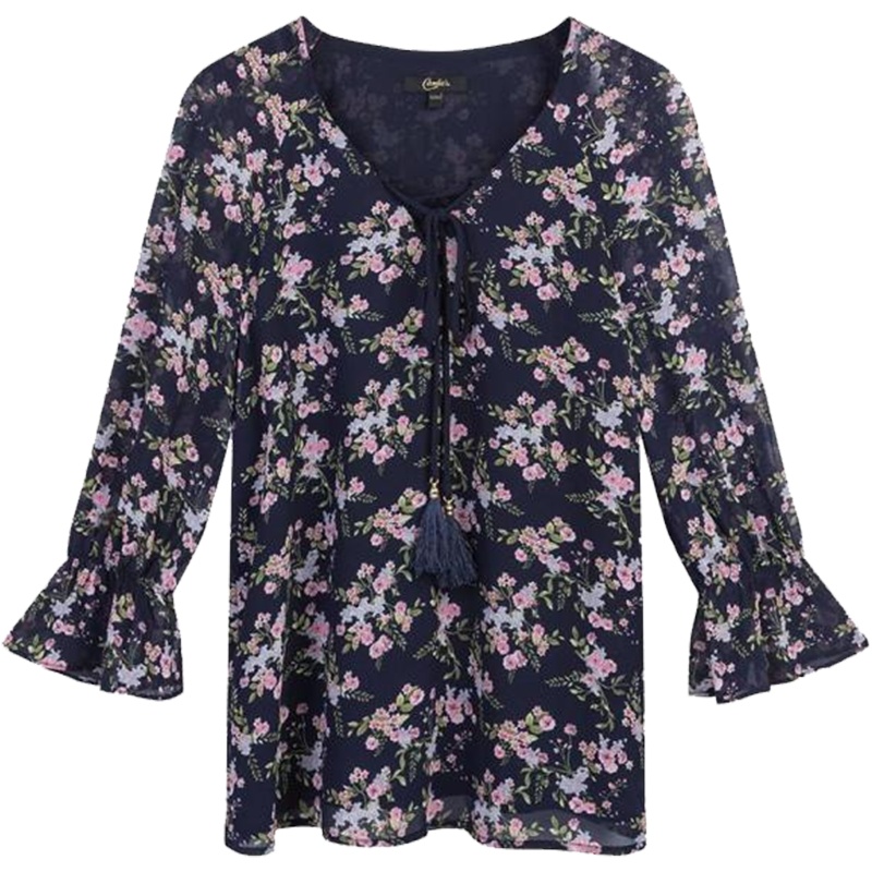 【热卖】TOVIP复古港味小衫衬衣女士2019夏季新款韩版宽松碎花V领荷叶袖30081572