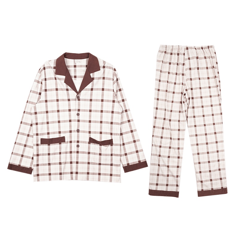 雪仙丽睡衣男秋季长袖纯棉格子开衫翻领全棉男士家居服套装可外穿