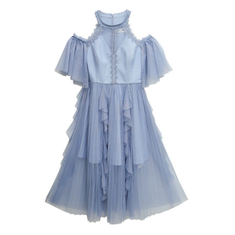 2019新款夏泰国潮牌星空梦幻网纱性感露肩荷叶边连衣裙夏