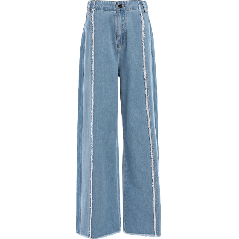 欧昵雪夏季毛边拼色长裤女休闲直筒高腰阔腿裤牛仔裤浅色