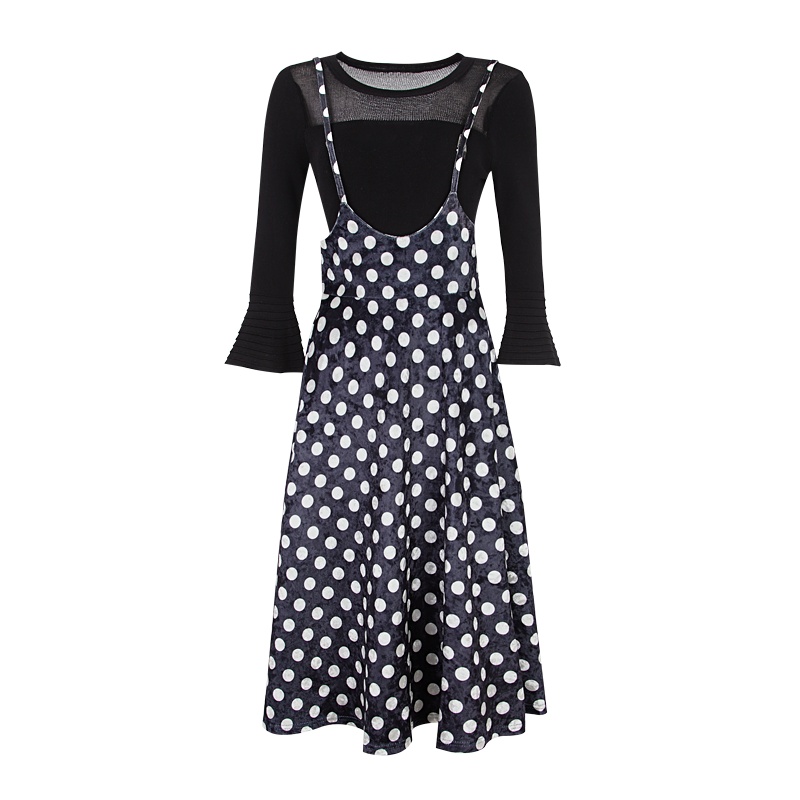 晩白 新品套装裙喇叭袖上衣波点A字背带裙半身裙两件套