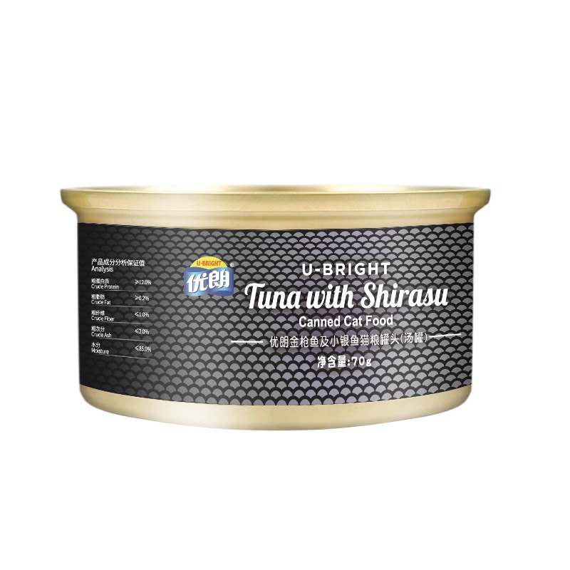 泰国进口 优朗(U-BRIGHT)宠物猫粮金枪鱼及小银鱼猫罐头(汤罐)70g