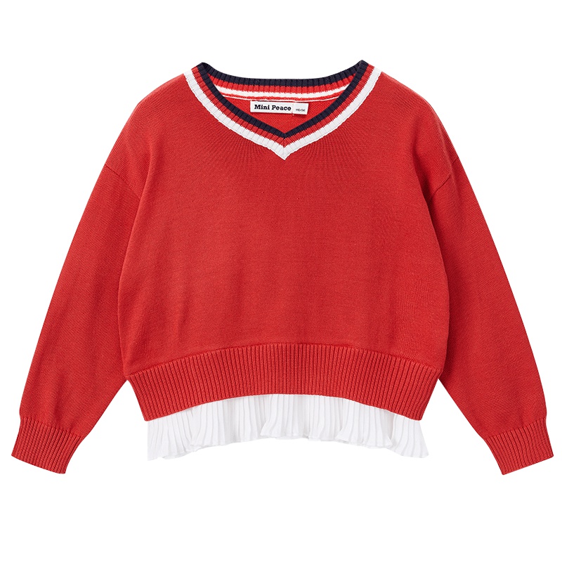 minipeace太平鸟童装女童针织衫百褶下摆时尚v领毛衣春装新款