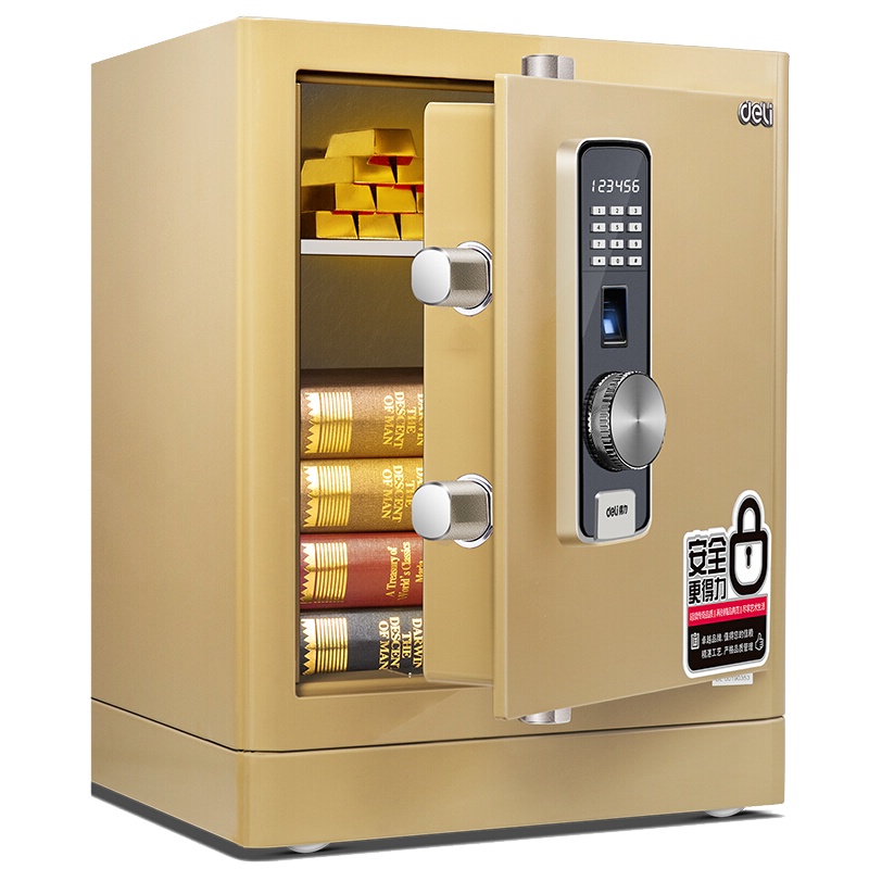 得力(deli)4066指纹密码双重保险箱 淡金 高52cm 电子防盗保险箱 3C认证办公家用防盗合同资料保险柜