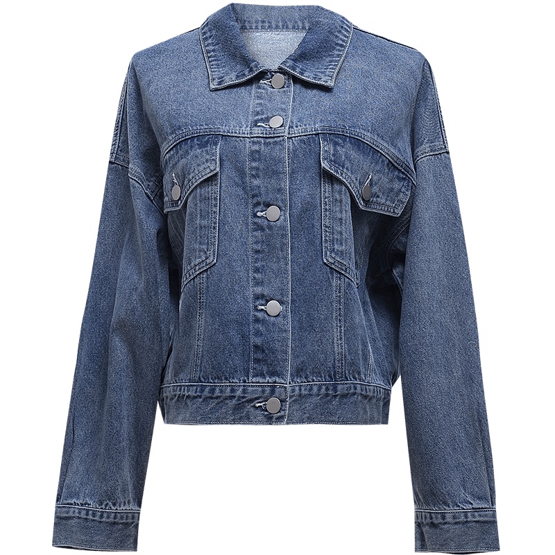 欧昵雪翻领拼接后背蕾丝花边长袖牛仔外套女短款上衣