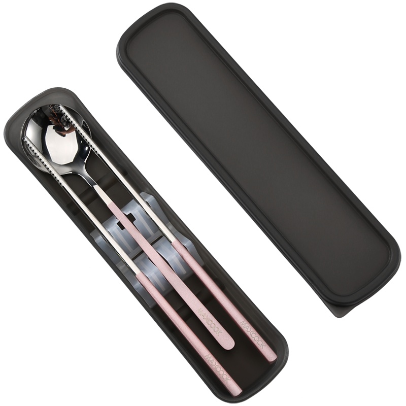 美厨 304不锈钢筷子勺子餐具套装 创意便携式筷勺三件套粉色 MCGC096