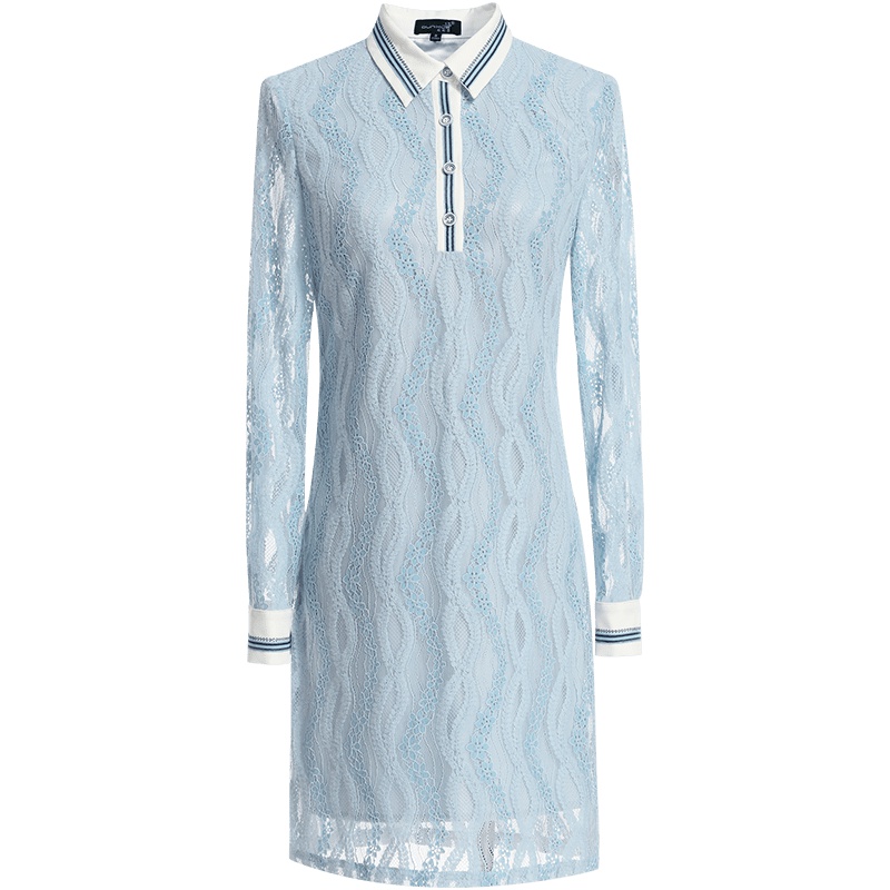 欧昵雪秋装减龄撞色衬衫领拼接镂空长袖直筒蕾丝连衣裙女