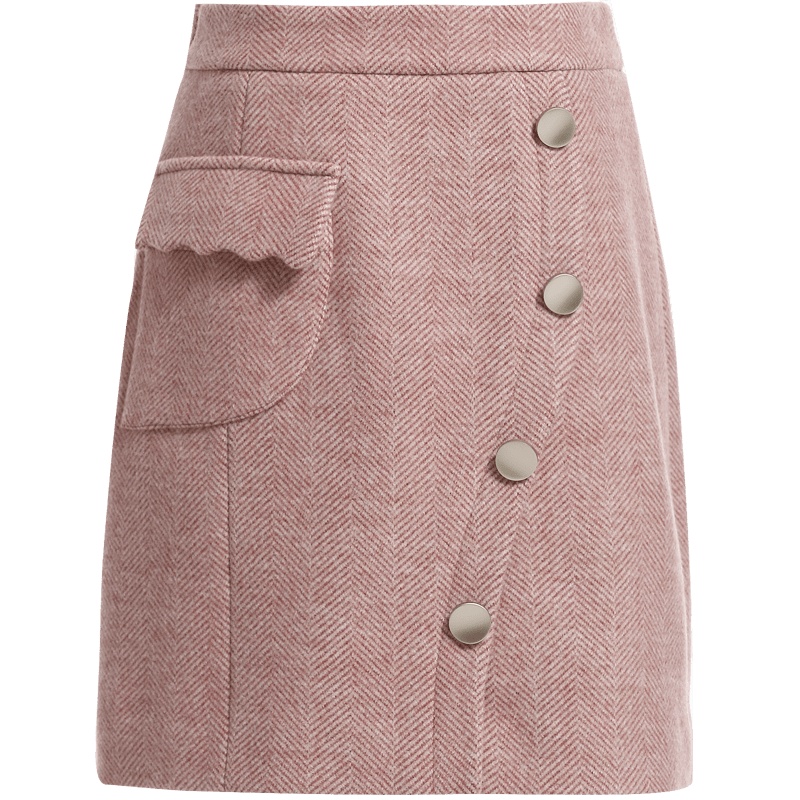 欧昵雪秋冬季高腰金属扣人字纹毛呢短裙女包臀呢子半身裙