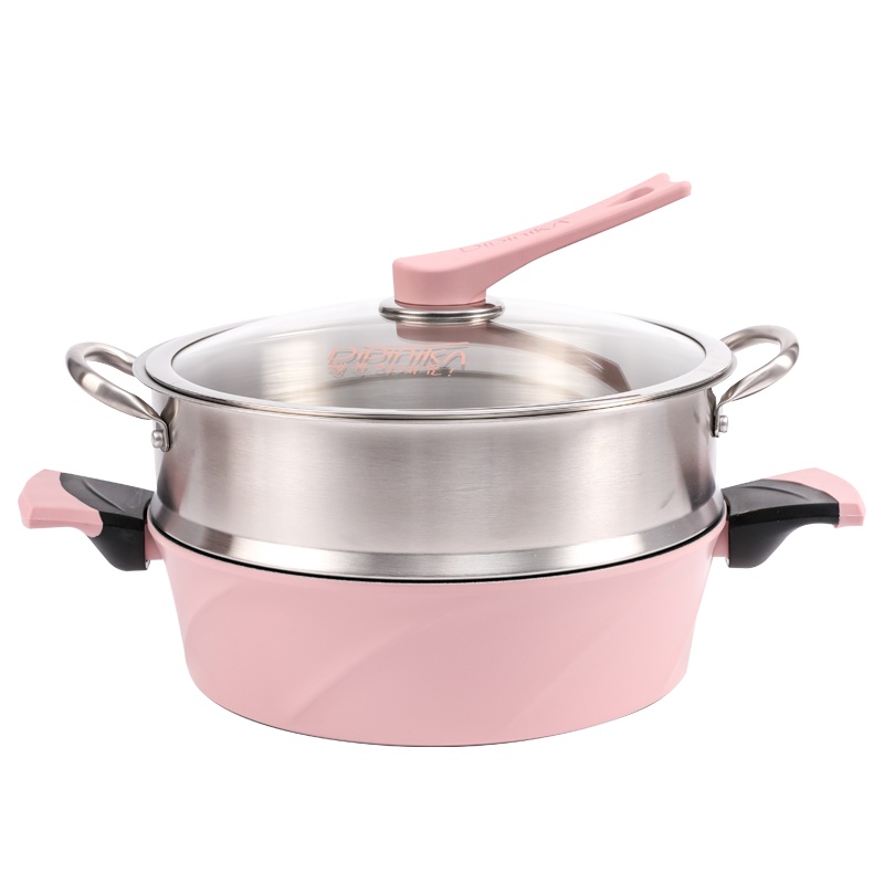 迪迪尼卡（Didinika）2019新款28cm浅汤锅家用麦饭石不粘锅多功能双耳煮锅带蒸屉