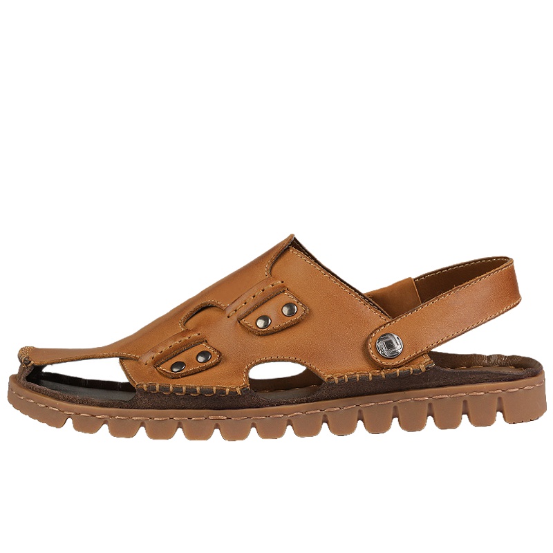 绛天真皮头层牛皮沙滩鞋男式皮凉鞋欧美潮男士中休闲男拖鞋户外开车工作鞋日常外穿大人驾驶凉鞋防滑沙滩鞋