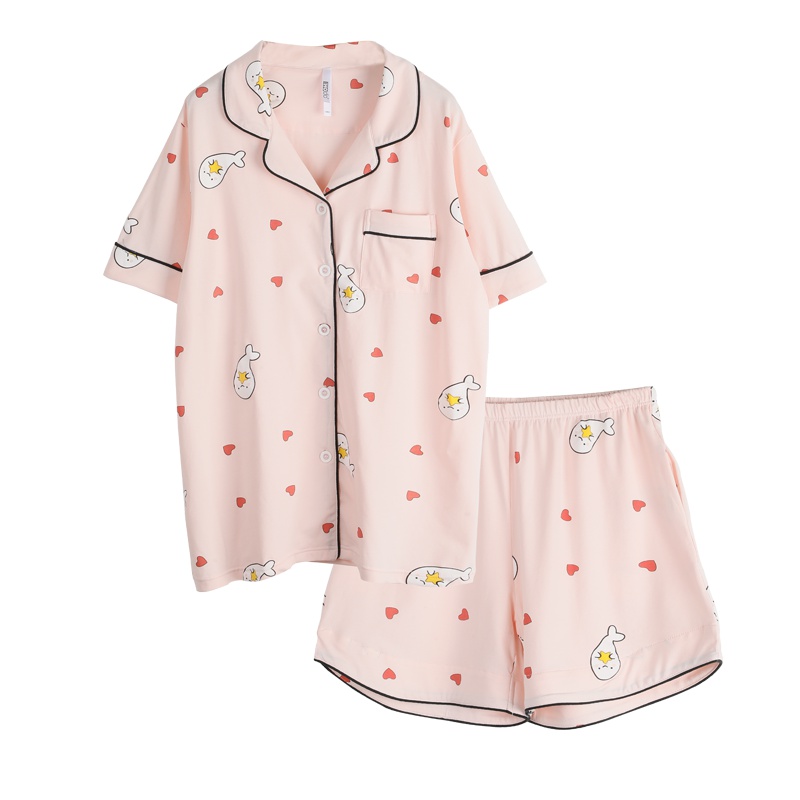 红豆居家Hodohome春夏爱心卡通印花短袖短裤睡衣套装甜美可爱家居服